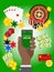 Casino online poster vector illustration. Includes roulette, casino chips, playing cards, winning jackpot. Money, credit