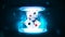 Casino playing cards with poker chips inside blue portal made of digital rings in dark empty scene