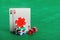 Casino poker chips, dice and cards