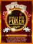 Casino poker tournament invitation design. Gold text with playing chip and cards.