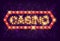 Casino poster vintage style. Casino banner with glowing lamps for online casino, poker, roulette, slot machines, card