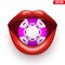 Casino purple chips in female red lips. Vector