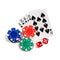 Casino red dice, play cards as roial flush and chips isolated