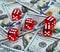 Casino red dices US Dollar bills background