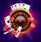 Casino roulette with chips, coins and red dice realistic gambling poster banner. Casino vegas fortune roulette wheel design flyer