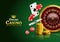 Casino roulette with chips, coins and red dice realistic gambling poster banner. Casino vegas fortune roulette wheel design flyer