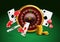 Casino roulette with chips, red dice realistic gambling poster banner. Casino vegas fortune roulette wheel design flyer