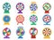 Casino roulette icons. Flat wheels gaming, spin lucky wheel isolated elements. Online gambling symbols, decent vector