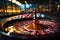 Casino roulette wheel catching falling cubes with focused poker chips in luxury setting