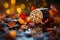 Casino roulette wheel with cubes falling and poker chips in selective focus on gambling table