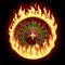 Casino roulette wheel in fiery ring on dark green background