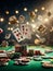 casino scene on a gaming table, freeze action fly dice, cards and chips, dark, bokeh , human hand