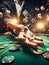 casino scene on a gaming table, freeze action fly dice, cards and chips, dark, bokeh , human hand