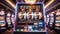 Casino slot machine closeup, bar spin gamble game, lucky sevens