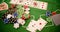 Casino Table. Camera flies over Casino Poker Table with stacks. Top view. Slow Motion