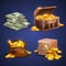 Casino vector 3d signs and money icons. Dollars, gold coins in safe deposit and moneybag