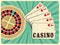 Casino vintage grunge style poster with playing cards and roulette. Retro vector illustration.