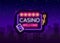 Casino welcome logo in neon style. Design template. Neon sign, light banner, night neon billboard, bright light