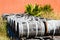 casks in front of wine cellar, Languedoc-Roussillon, France