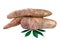 Cassava tubers fresh on leaves isolated white, pile cassava manioc in top view, yucca root for flour products, raw materials for