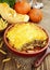 Casserole with pasta, minced meat and pumpkin