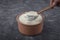 Casserole yogurt. Delicious yogurt scene with wooden bowl and sackcloth. Closeup shot of healthy fresh yogurt. Top view