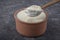 Casserole yogurt. Delicious yogurt scene with wooden bowl and sackcloth. Closeup shot of healthy fresh yogurt. Top view