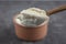 Casserole yogurt. Delicious yogurt scene with wooden bowl and sackcloth. Closeup shot of healthy fresh yogurt. Top view