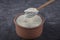 Casserole yogurt. Delicious yogurt scene with wooden bowl and sackcloth. Closeup shot of healthy fresh yogurt. Top view
