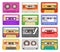 Cassettes. Different color music tape retro audio cassette. Old school 90s record technology vintage media device