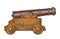 Cast iron cannon on wooden carriage with wheels. Vector engraving