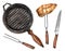Cast iron frying pan grill, meat knife and fork