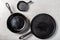 Cast iron Pans or Skillets on Grey Background