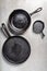 Cast iron Pans or Skillets on Grey Background