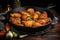 cast iron skillet with sizzling fried chicken
