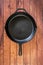 Cast iron skillet on wooden surface - top view with copy space