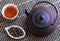 Cast iron TeaPot with teacup and tea leaves