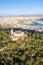 Castell de Bellver castle with Palma de Mallorca and harbor travel traveling holidays vacation aerial photo portrait format in