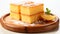 Castella slice sponge cake in a wooden plate on white background