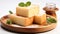 Castella slice sponge cake in a wooden plate on white background