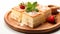 Castella slice sponge cake in a wooden plate on white background