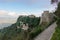 Castello di Venere and Torretta Pepoli historical buildings and a pavement in the town of Erice, Sicily