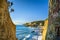 Castiglioncello sunset on cliff rock and sea. Tuscany, Italy.