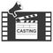 Casting icon, screen test icon in the form of a film strip with a loudspeaker. Vector illustration.