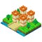 Castle with a bridge assembled from plastic blocks in isometric style for printing and decoration. Vector illustration