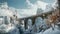 Castle bridge in mountains in winter, landscape with old building in forest, generative AI