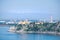 Castle Duino and harbor Monfalcone with mountains alps in Italy