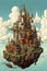 A castle floating in the sky with a boat in the foreground. Generative AI image.