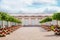 Castle gardens in front of Royal Castle in Warsaw, saxon facade Poland. Landscape design, park with shrubs and green lawns