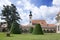 Castle gardens, Renaissance castle, blue sky, clouds, tourist season